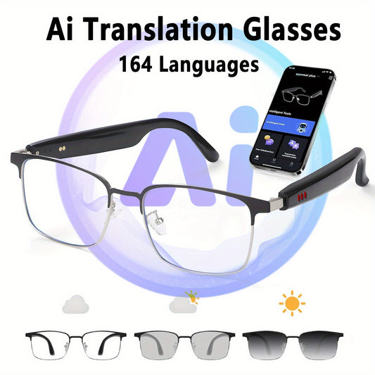 AI Translation Smart Glasses, Photochromic Lenses, Supports 160+ Languages Real-Time Translation, Fashion Audio Glasses with Built-in Microphone And Speaker, Listen to Music And Answer Calls, Supports Touch, Magnetic Charging