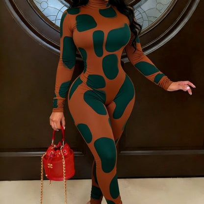 Plus Size - Women'S Luxe Elegant Jumpsuit | Stretchy Comfortable Lightweight, 2D Print Luxe Graffiti Animal Print, 4-Season Versatile, Casual & Bold Presence, Crew Neck, All Over Print