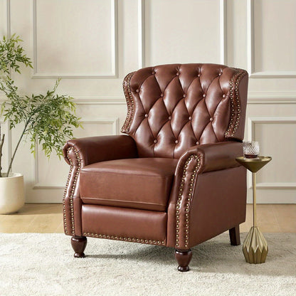 Genuine Leather Recliner Chair - Manual Push Back Recliner Sofa w/ Solid Hardwood Legs, Brown Luxury Living Room Armchair, Easy Assembly Non-Electric Recliner for Home Theater & Reading Nook - Durable Leather Upholstery, Soph