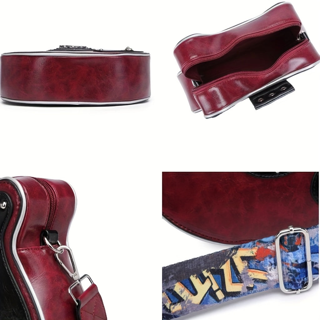 Creative Guitar-Shaped Crossbody Bag - High-Quality with Adjustable & Detachable Strap (35.4"-62.2"), Zipper Closure, Spacious Compartment & Hidden Pockets - Retro Unisex Design for Daily Use, Concerts, Travel - Olive/Red/Blu