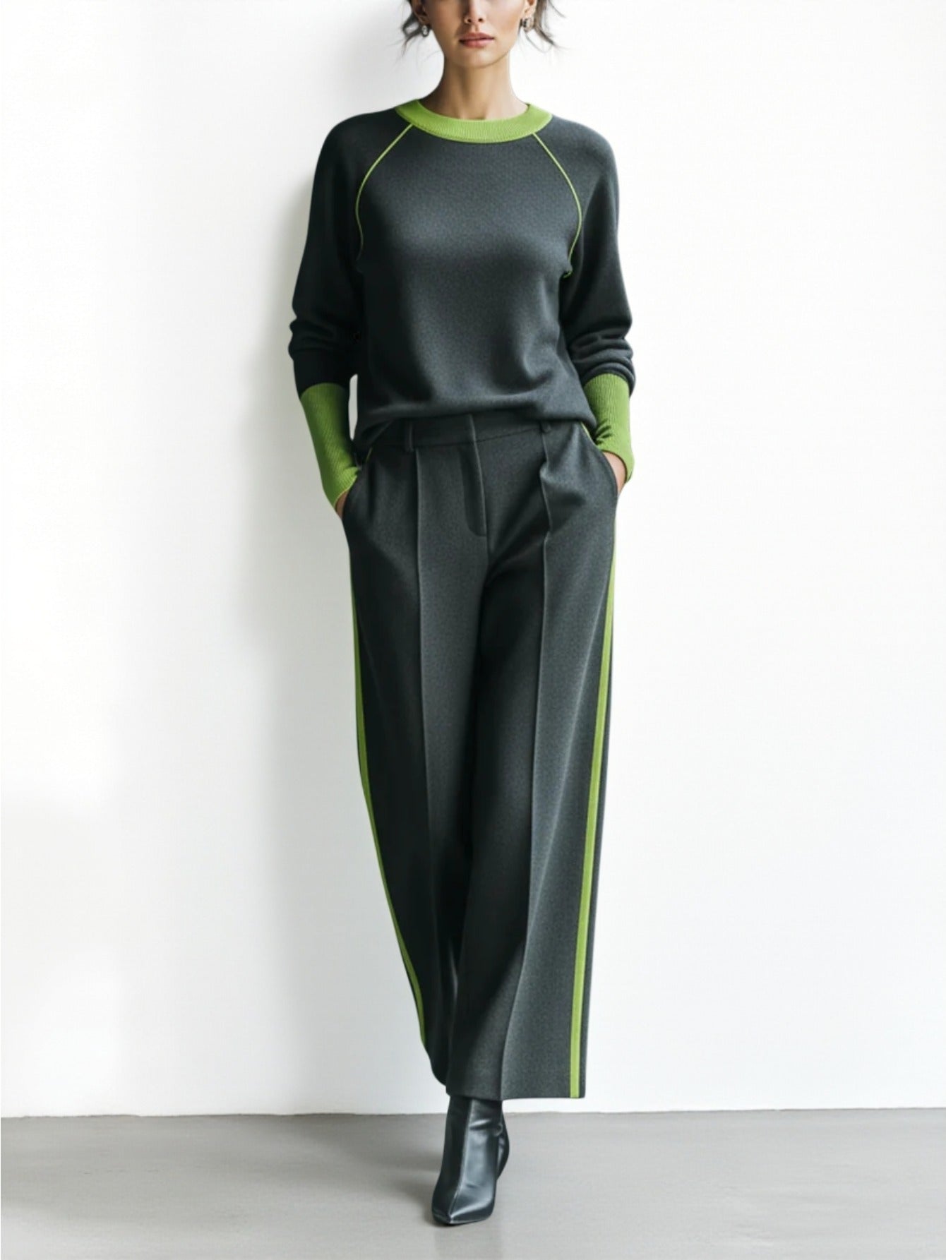 Charcoal-Green Blended with Green Trim Oversized Top + Wide-Leg Pants Women's Set | Sophisticated, Fashionable, Unique, Minimalist Style Perfect for Fall/Winter Casual Outings & Leisure Commuting & Light Social Occasions