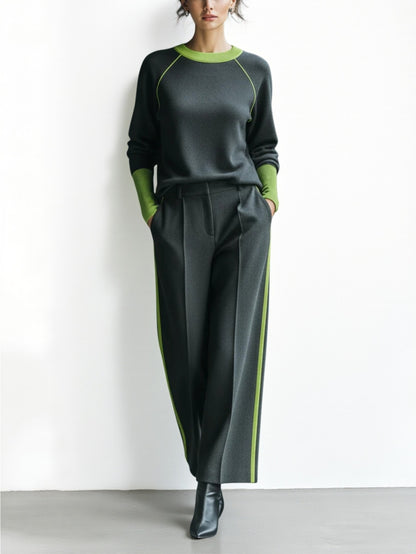 Charcoal-Green Blended with Green Trim Oversized Top + Wide-Leg Pants Women's Set | Sophisticated, Fashionable, Unique, Minimalist Style Perfect for Fall/Winter Casual Outings & Leisure Commuting & Light Social Occasions