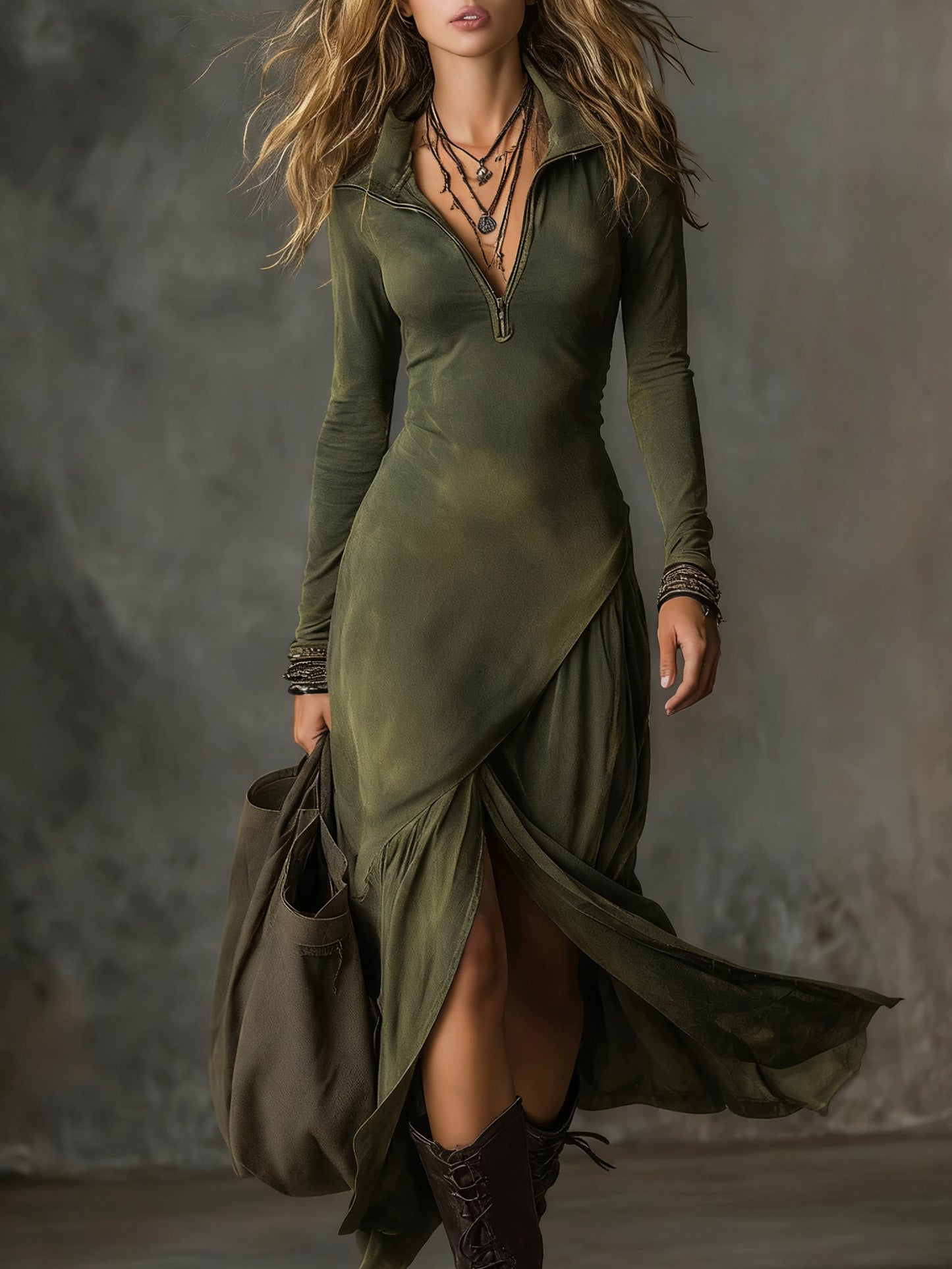 Women's Winter Office Dress - Sexy Half-Zip Collar Midi Dress with Split Hem, Slim-Fit Long Sleeve Solid Color Dress for, Meetings & Semi-Formal Events, Machine Washable (No Elasticity)