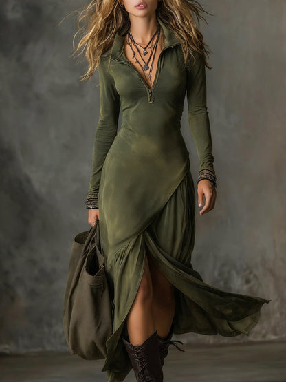 Women's Winter Office Dress - Sexy Half-Zip Collar Midi Dress with Split Hem, Slim-Fit Long Sleeve Solid Color Dress for, Meetings & Semi-Formal Events, Machine Washable (No Elasticity)