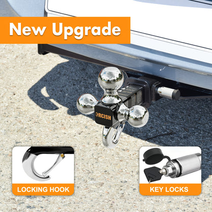 Trailer Hitch Tri-Ball Mount With Hook Contain Secure Self-Lock Latch, Hitch Ball Size 1-7/8", 2" And 2-5/16", Fit 2 Inch Hitch Receiver, Tow Hitch With Double Anti-Theft Pins Locks