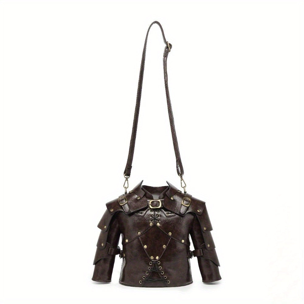 Punk Vintage Style Crossbody Bag Gothic Rivet Crossbody Bag - Double Zipper Pockets, with Adjustable Shoulder Strap, Dark Industrial Medieval Style, Armor Shaped Street Single Shoulder Bag for Men and Women