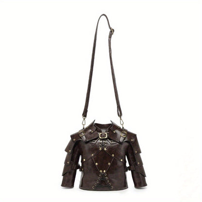 Punk Vintage Style Crossbody Bag Gothic Rivet Crossbody Bag - Double Zipper Pockets, with Adjustable Shoulder Strap, Dark Industrial Medieval Style, Armor Shaped Street Single Shoulder Bag for Men and Women