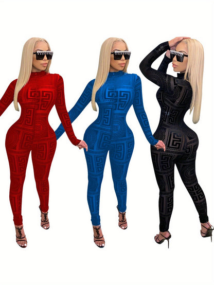 Women's Sexy One-Piece Outfit - Non-Transparent Long Sleeve Jumpsuit, Machine Washable Party & Everyday Jumpsuit for Women (S-XXL) - D9459