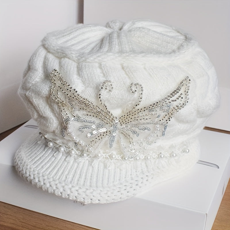 [Elegant Winter Hat] Women'S Winter Hat - Elegant White with Floral-like Decoration, Lightweight Warm Beanie for Cold Weather, Formal & Everyday Outfits - Easy Care (Hand Wash/Dry Clean) - Perfect Gift for Women, Ladies Winte