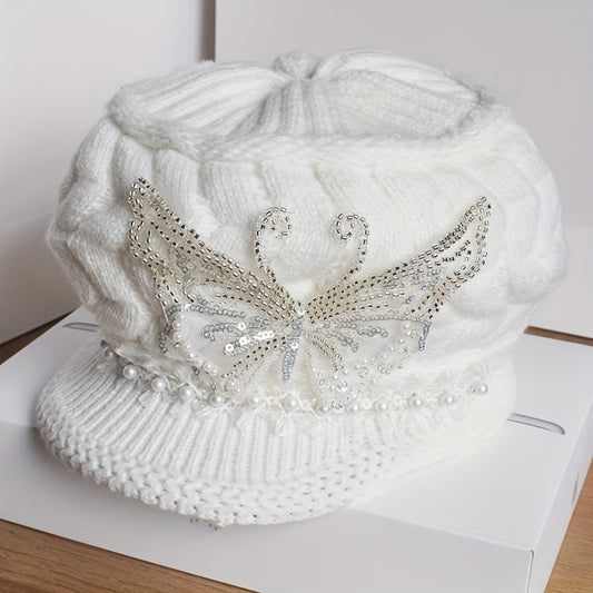 [Elegant Winter Hat] Women'S Winter Hat - Elegant White with Floral-like Decoration, Lightweight Warm Beanie for Cold Weather, Formal & Everyday Outfits - Easy Care (Hand Wash/Dry Clean) - Perfect Gift for Women, Ladies Winte