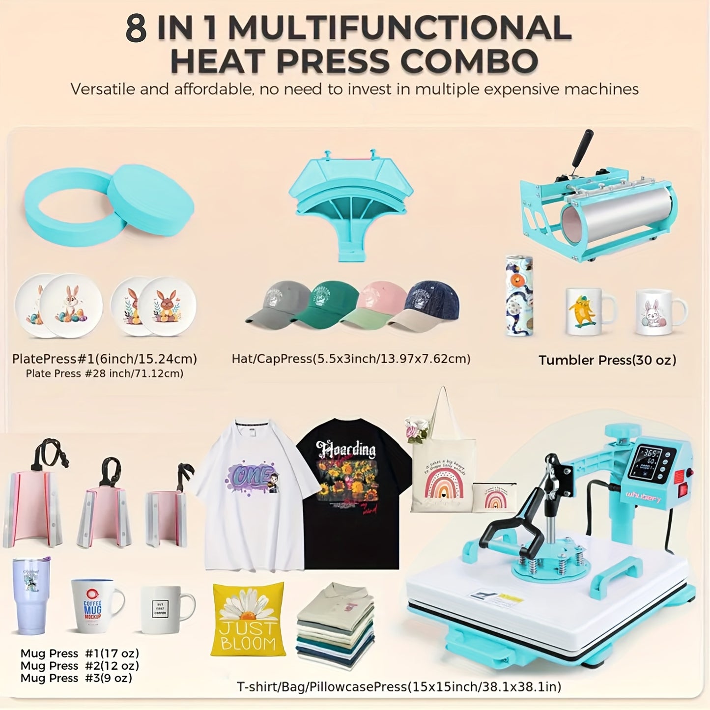 15"x15"/15"x12" - 8in 1/5in 1 Heat Press Combo, Rotatable Design, Multi-Size Transfer Professional Sublimation Kit, Suitable for T-Shirts, Bags, Pillows, Hats, Beanies, Rollers - Three-in-One Automatic Hat Press Only for Hats
