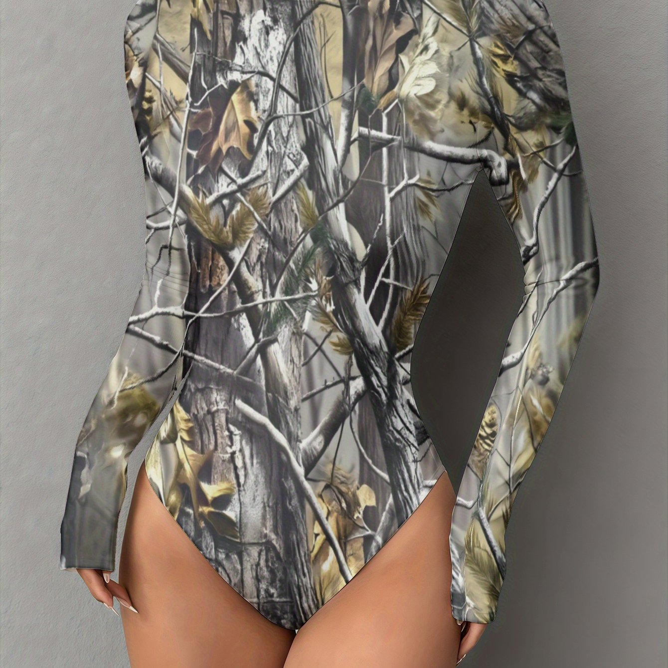 New Women's Tree Branch Leaf Camo Print High Collar Long Sleeve Bodycon Jumpsuit, Autumn and Winter Full Set Casual Jumpsuit, Women's High-Stretch Yoga Romper