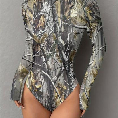 New Women's Tree Branch Leaf Camo Print High Collar Long Sleeve Bodycon Jumpsuit, Autumn and Winter Full Set Casual Jumpsuit, Women's High-Stretch Yoga Romper