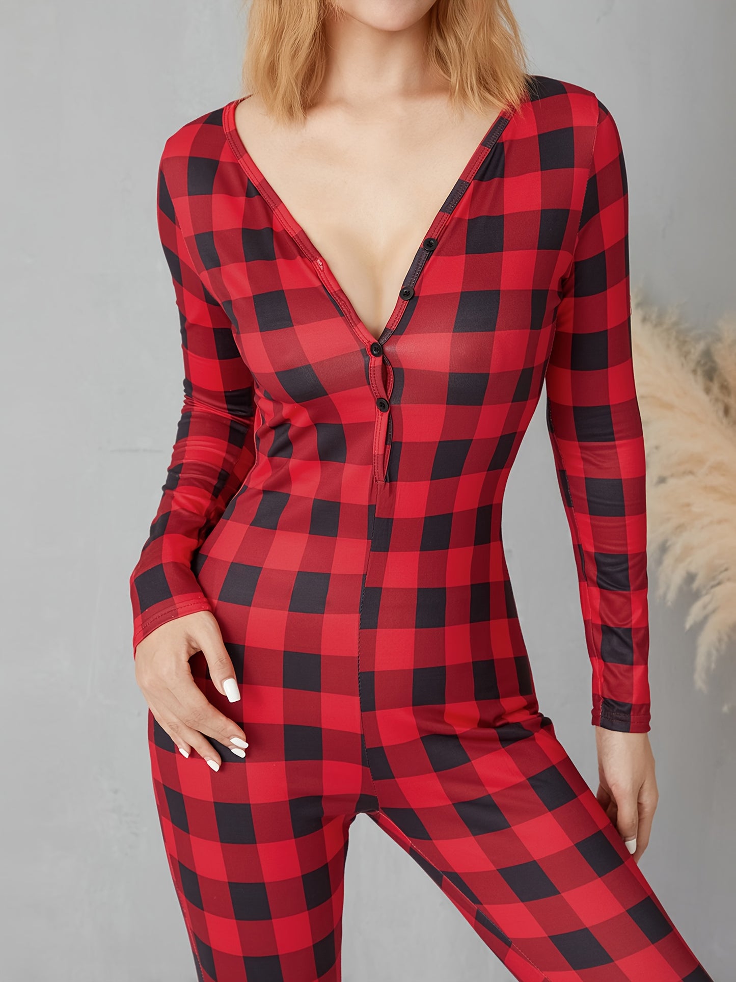 Women's Plaid V-Neck Romper - Casual Long Sleeve Jumpsuit with Elastic Yoga Waist and Button Details, Red, Polyester