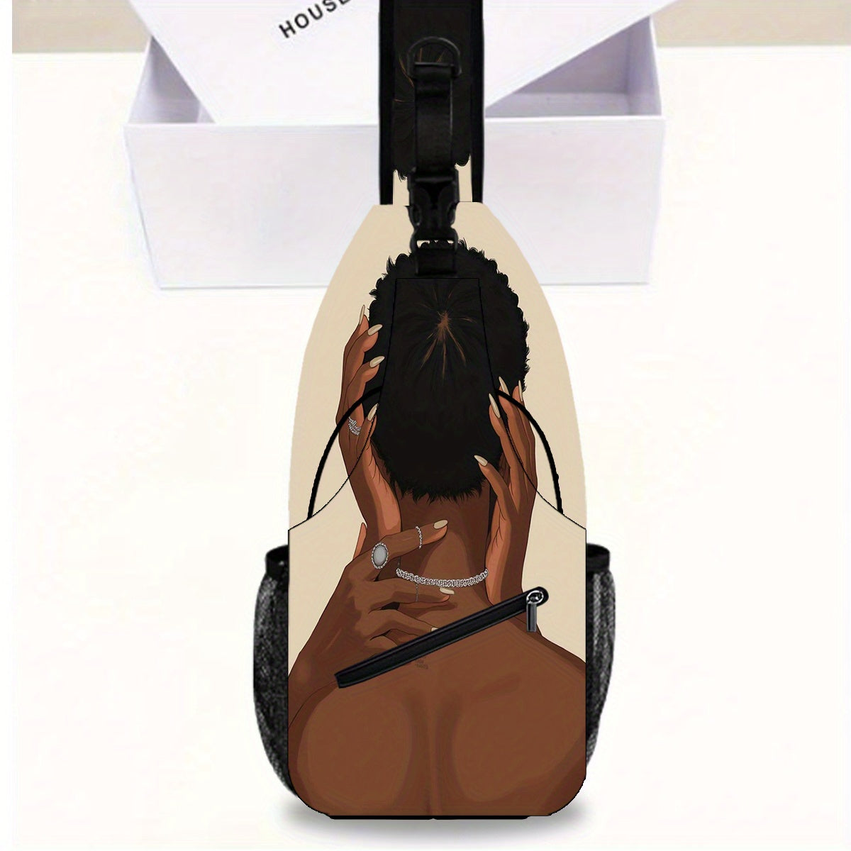 1pc African Women'S Illustration Crossbody Chest Bag - Vibrant Geometric Print, Adjustable Strap, Large Capacity Zipper Closure, Durable Polyester, Perfect for Travel, Outdoor Adventures & Daily Use - Unique Gift for Hallowee