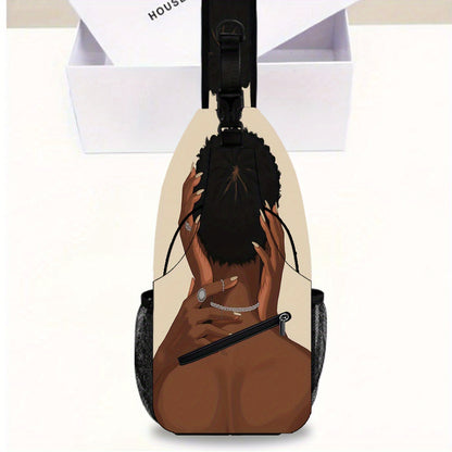 1pc African Women'S Illustration Crossbody Chest Bag - Vibrant Geometric Print, Adjustable Strap, Large Capacity Zipper Closure, Durable Polyester, Perfect for Travel, Outdoor Adventures & Daily Use - Unique Gift for Hallowee