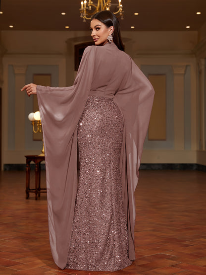 A Stand-Collar Chiffon Dress with Sequins, an Elegant And Stylish Long Dress for Women, Perfect for Parties, New Style for 2025, Evening Gown for Women, Performance Dress for Hosts, Bridesmaid Dress, Prom Evening Gown, Concer