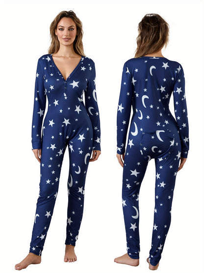 Women Functional Buttoned Flap Jumpsuit Sleepwear Solid Color Printed Long Sleeve Homewear Pajamas