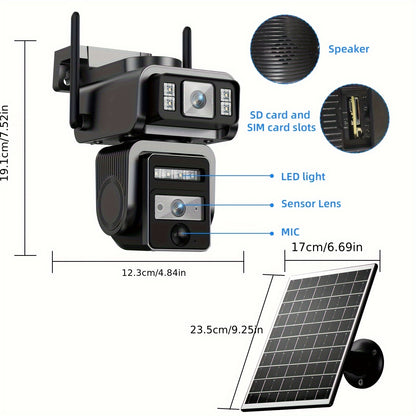 Home Wireless Outdoor Security Camera Icam365 | Solar-Powered, Dual Lens 3MP, Two-Way Audio, Digital Zoom, Motion Detection, IP66 Waterproof, Rechargeable Battery, 2.4G WiFi, Dual-Light Night Vision, PIR Alarm, Black