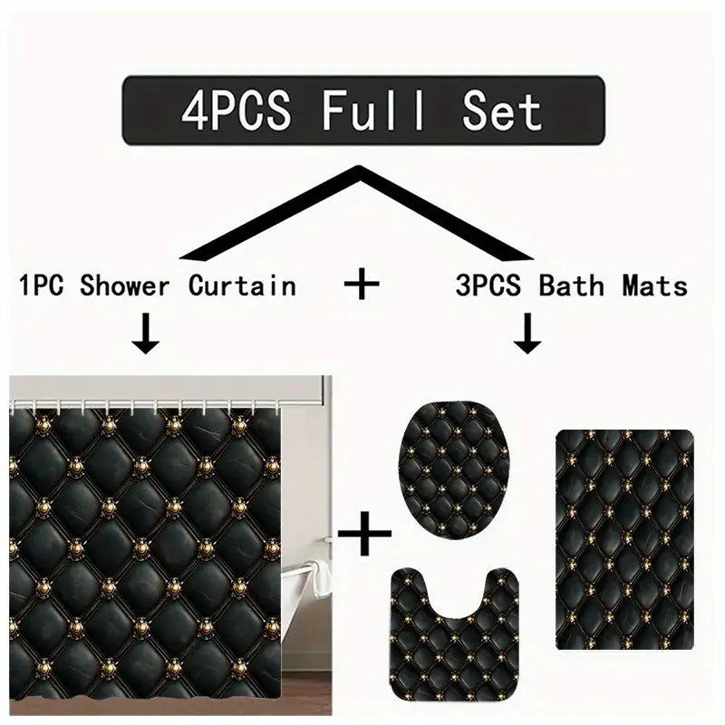 Set of 4 Luxurious Black And Golden Shower Curtains Featuring an Intricate Button Design - Comes with a U-Pad, Cover Cap, And Two Hooks - Made from Polyester, Measuring 31.5X31.5inch, Perfect for Elegant Bathroom Decor, Styli