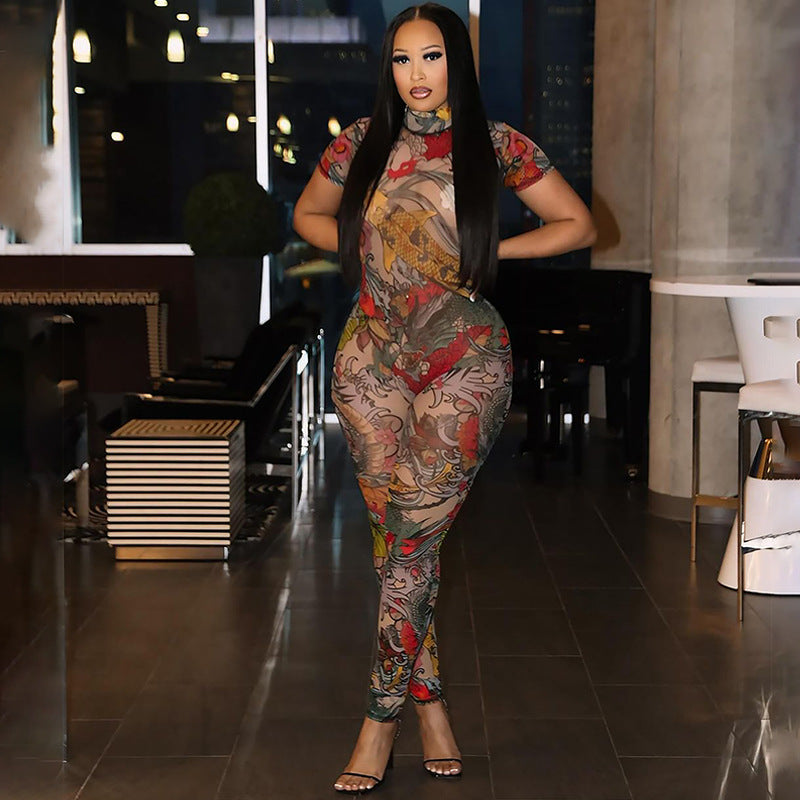 Women'S All-Over Print High-Neck Short Sleeve Jumpsuit - Slim-Fit See-Through Backless Bodysuit with Animal & Abstract Patterns, All-Season Elegant Party & Casual Outfit, Comfortable Stretch Fabric for Year-Round Wear (No Lin