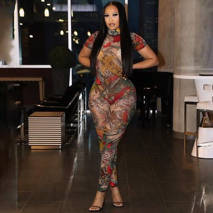 Women'S All-Over Print High-Neck Short Sleeve Jumpsuit - Slim-Fit See-Through Backless Bodysuit with Animal & Abstract Patterns, All-Season Elegant Party & Casual Outfit, Comfortable Stretch Fabric for Year-Round Wear (No Lin