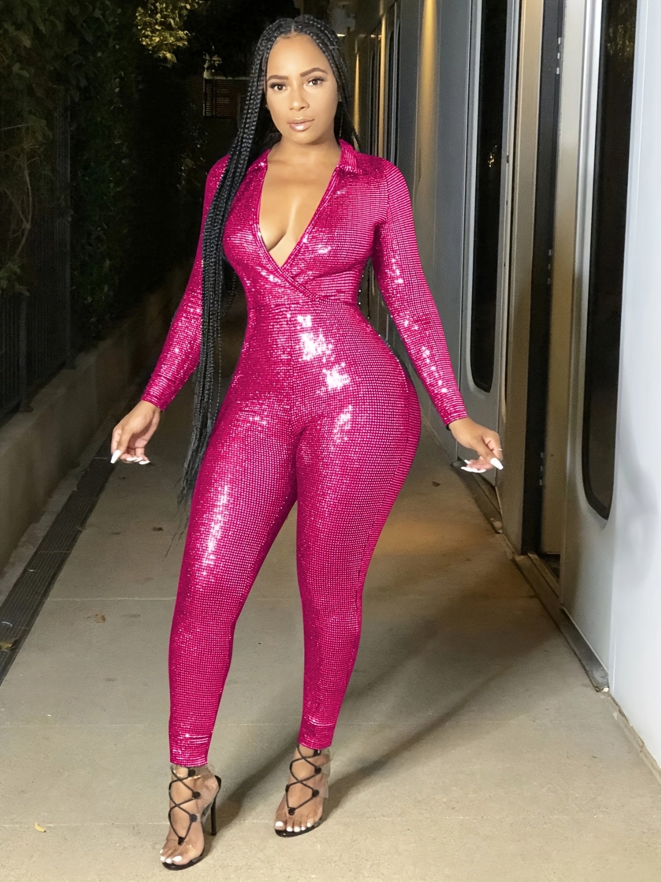 European And American Women'S Metallic Texture Light Mature Deep V-neck Long Sleeved Tight Jumpsuit