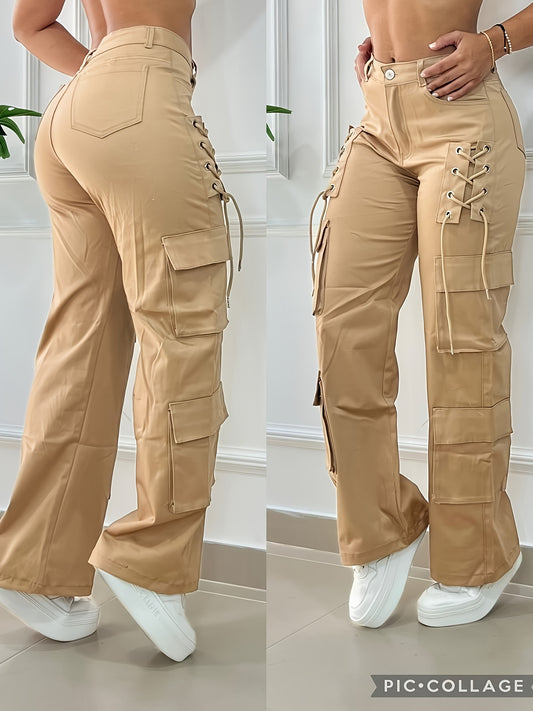 Women' - Heavy-Duty Pants with Multi- Utility - Solid Color Trousers, Tie-Front Closure & for (No Stretch Fabric) - Casual Outdoor & Professional Wear, Machine Washable