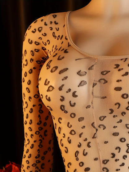 Women's Sexy Leopard Print One-Shoulder Lingerie Jumpsuit - Lace Trim & Mesh Bodysuit with Long Socks, Open Crotch Full Coverage (No Underwear Excluded) - Stretchy One-Piece Costume for s, Hand Washable