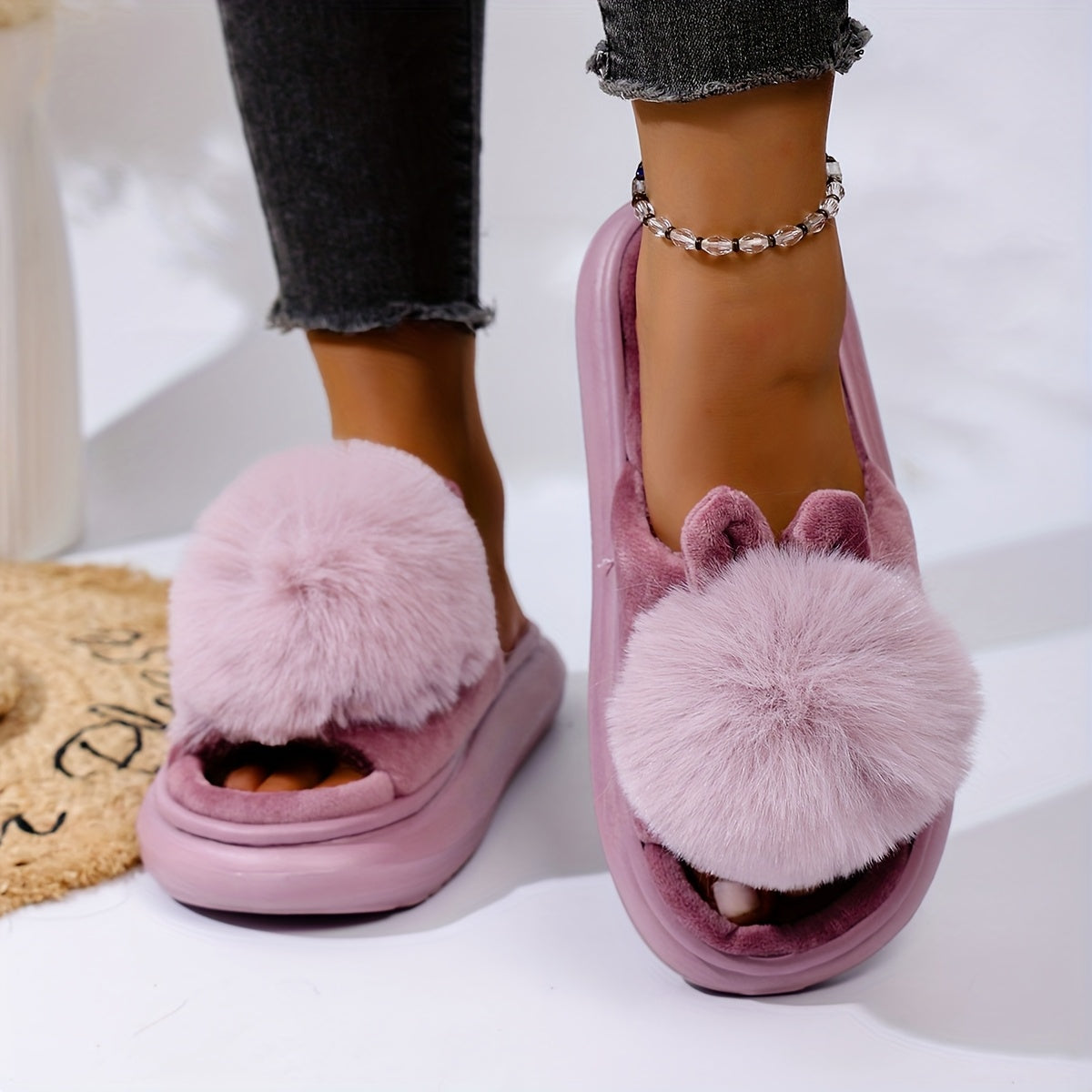 [Cozy House Shoes] 2025 New Autumn & Winter Single Ball Rabbit-Ear Design Warm Slippers for Men & Women - Couples' House Shoes with Thick Sole & Semi-Enclosed Back | Indoor/Outdoor Slides | Lightweight & Quiet Home Footwear |