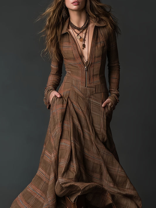 Brown Retro Checkered Print Stand-up Collar Front Zipper Long Dress, Casual, Elegant And Fashionable for Outings And Dinners