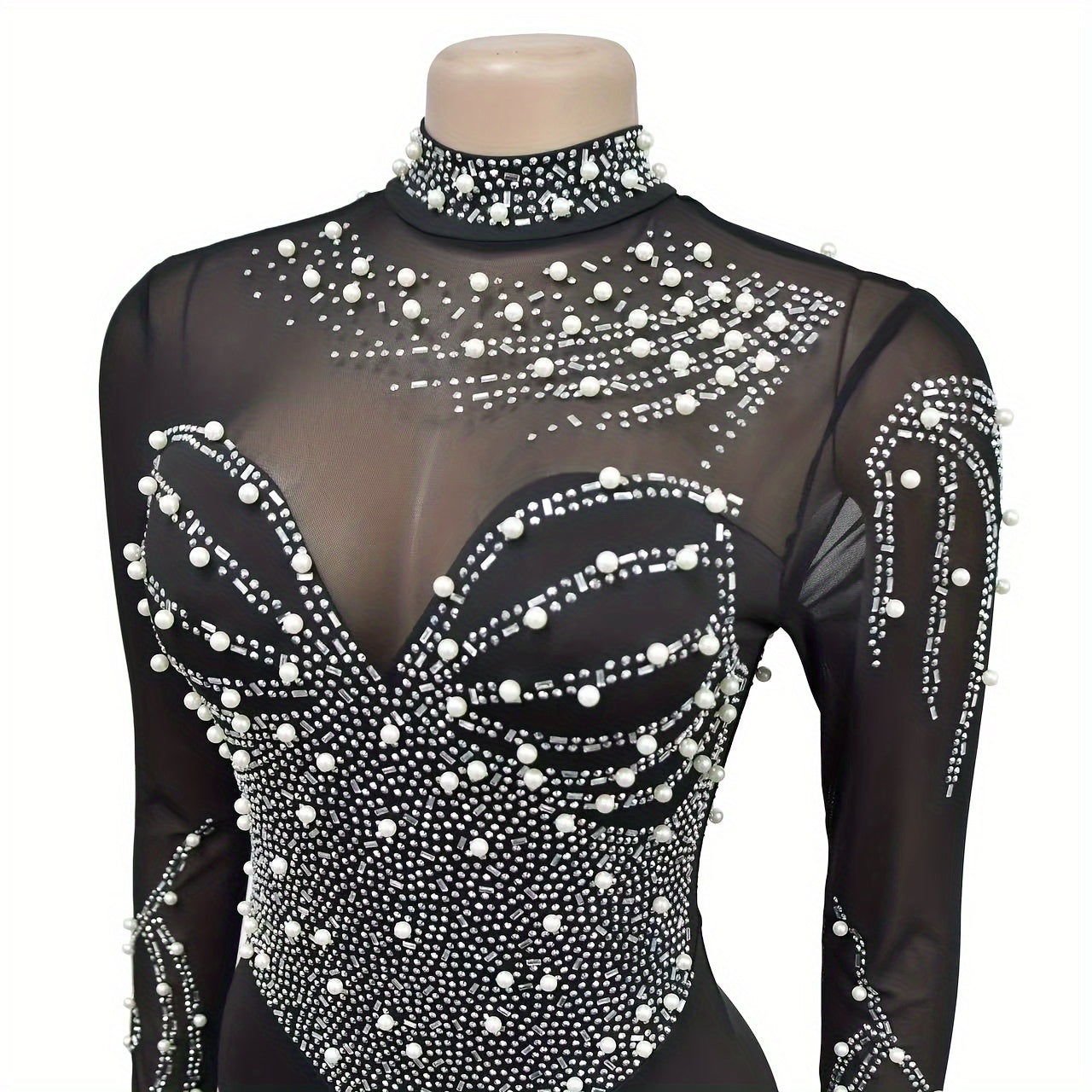 Elegant Women'S Black Jumpsuit with Pearl And Rhinestone Embellishments, Featuring Sheer Mesh Long Sleeves for Evening Events
