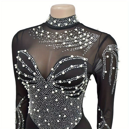 Elegant Women'S Black Jumpsuit with Pearl And Rhinestone Embellishments, Featuring Sheer Mesh Long Sleeves for Evening Events
