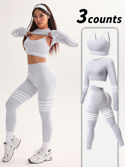 3pcs Women's Full Athletic Set - Seamless Striped Quick-Dry Sports Bra, Tight-Fitting Long Sleeve Gym Pants with Moai Panel Technology | High-Elasticity Moisture-Wicking Fabric for Running, Gymnastics, Training Outfit (All-Se