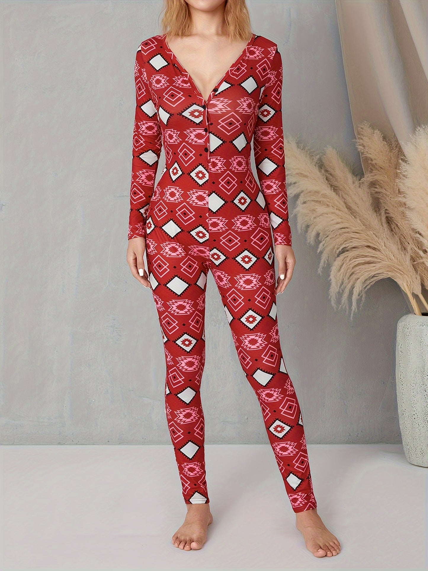 Women's Plaid V-Neck Romper - Casual Long Sleeve Jumpsuit with Elastic Yoga Waist and Button Details, Red, Polyester