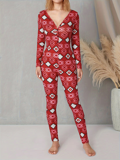 Women's Plaid V-Neck Romper - Casual Long Sleeve Jumpsuit with Elastic Yoga Waist and Button Details, Red, Polyester