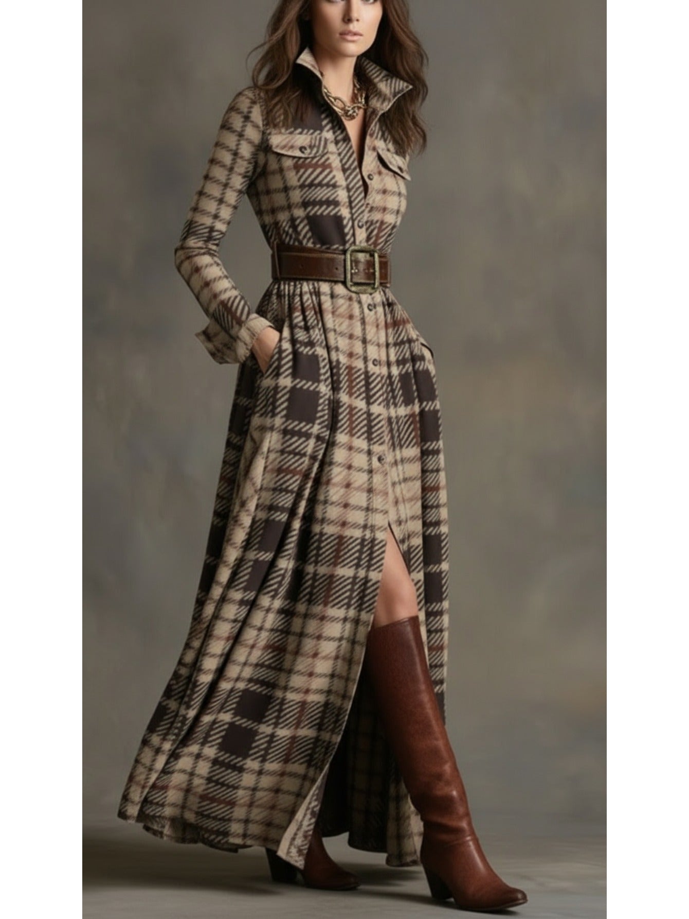 Women's Brown-Toned Plaid Women's Brown-Tan Plaid - Belted Shirt Maxi Dress | Retro Utility Style - Suitable for Daily Outings, Light Retro Looks - aShirt Maxi Dress | Retro Utility Style - Suitable for Daily Outings, Light R