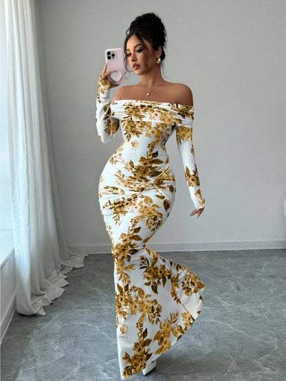 LUCKFOX Women's Clothing 2026 Waist and Thin Spring Early Spring Women's Clothing New Models, Daily Wear, Enjoy Elegant and Beautiful Printed Long Dress Temperament Slim One-word Shoulder Long-sleeved Dress Women Are Now