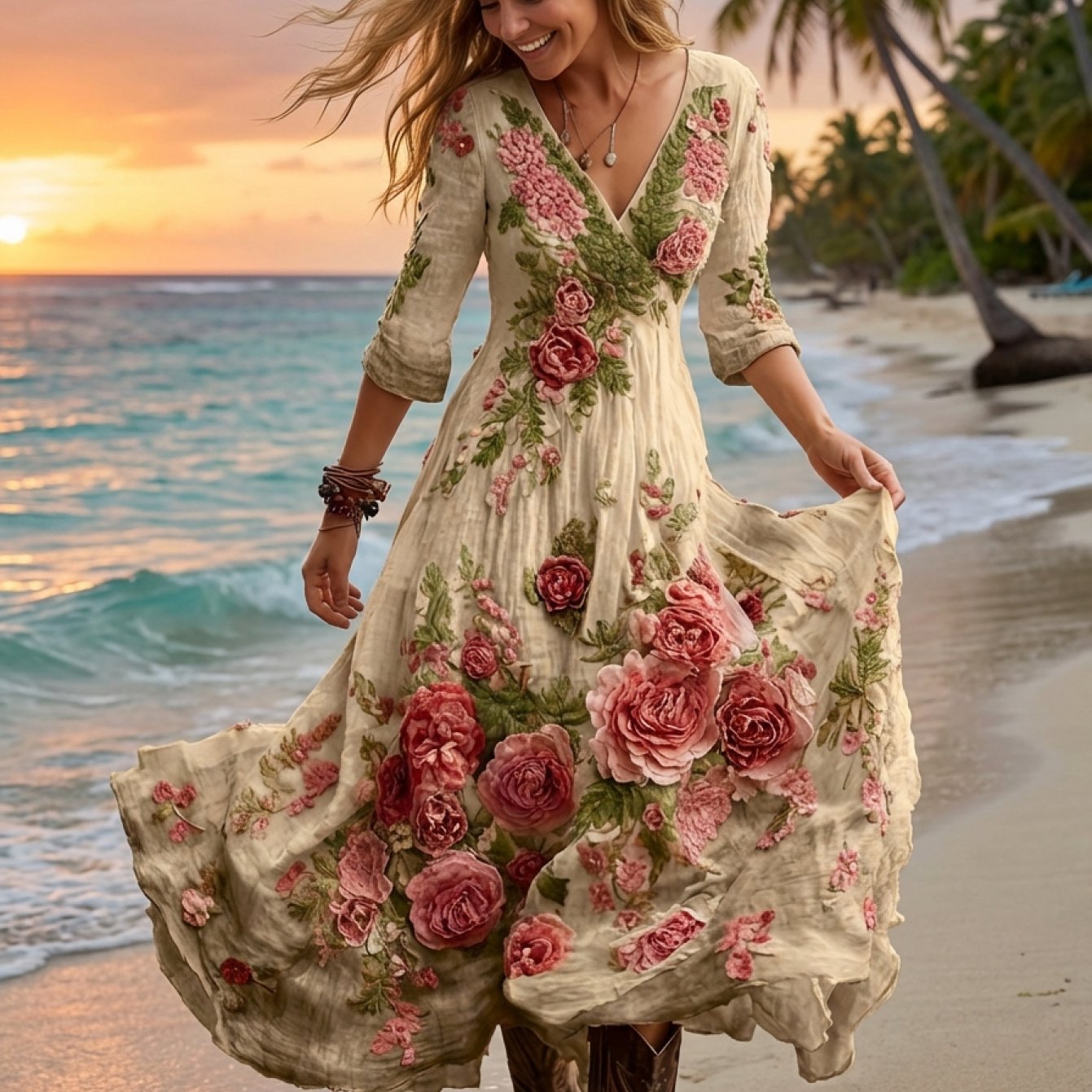 Women's Bohemian A-Line Dress with V-Neck & Cross Back Straps - Short Front Slit & Flowing Floor-Length Skirt, Wedding Guest Gown for Spring Summer Fall Parties, Short Front Long Back Dress (No Underbelly)