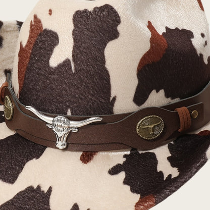 1pc Black Retro Print Wide-Brimmed Cowboy Hat with Anti-Compression Strap & Bull Horns Charm - Durable Non- Material for Outdoor, Camping, BBQ, Street Fashion - Spring/Autumn Western Style