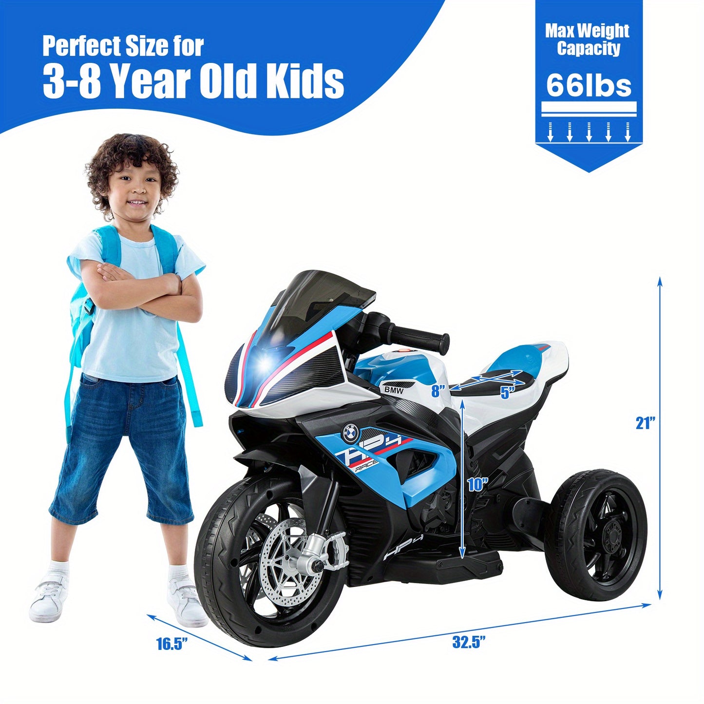 COSTWAY 12V Powered Electric Motorcycle, Kids 3 Wheel Ride-On Motorcycle Trike W/ Built-in, 2-Speed Rechargeable Electric Motorbike For Kids, Blue