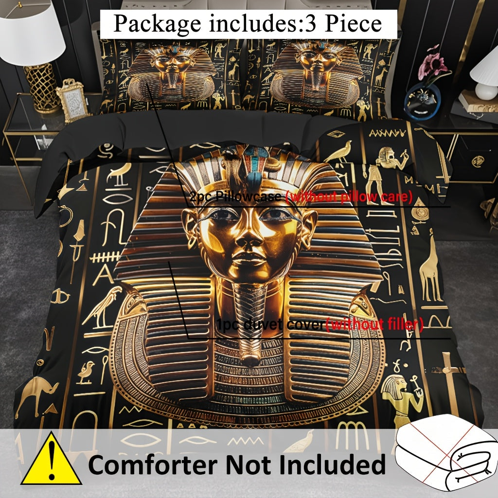3pcs Egyptian Pharaoh Comforter Set - Soft High-Definition Digital Print Design, Perfect Gift, All-Season Use! Soft, Breathable 100% Polyester, Ideal For Family And Friends - Machine Washable (1 Comforter Cover + 2 Pillowcase