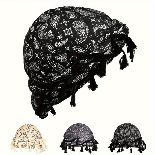 A Men'S And Women'S Versatile Cashew Flower Paisley Vintage Fringed Headband Twisted Headscarf Hat Braid Hat for Ladies Personalized Hair Care Twisted Tail Hat