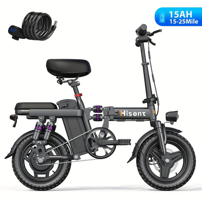 Hisent Adult Electric Bicycle, 48V 6A10A/15A/17.5A Lithium Battery, 20MPH, 8-35 Miles Range, 740W Brushless Motor, Multiple Shock Absorbers, 14" High-quality Tires, 3-step Folding, LCD Display, with Headlight And Taillight, C