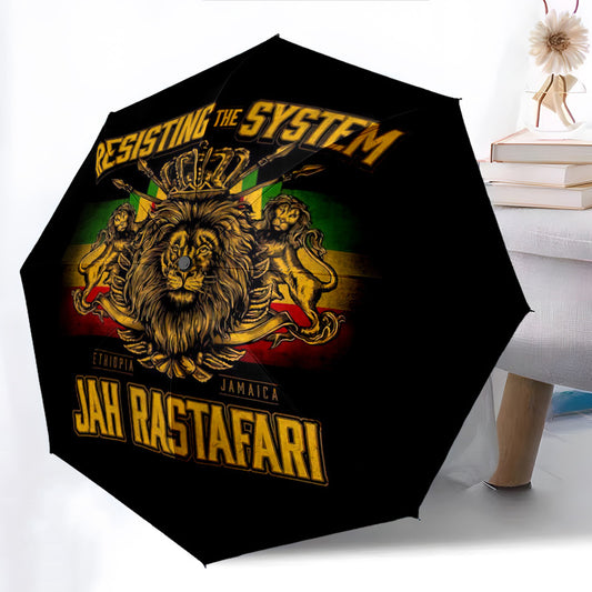 Open/Close Jah Rastafari Lion Crown Umbrella with Rasta Colors (Green/Red/Yellow/Black) - 8-Rib Heavy-Duty Iron Frame, Foldable Canopy for all-Weather Use, Iconic Lion Crown Top for Outdoor, Travel, and for home Entrance - Un