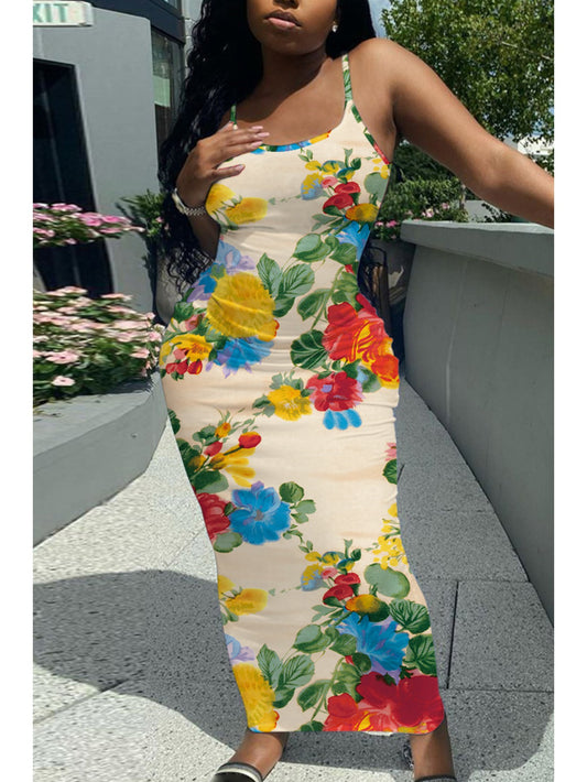 Plus Size - Euro-American Style Plus Size Women'S Sexy Spaghetti Strap Maxi Dress | High-Stretch Figure-Flattering Bodycon Skirt with Unique Abstract Floral Print, Multi-Color, Hot Style, Versatile for Vacation and Dates