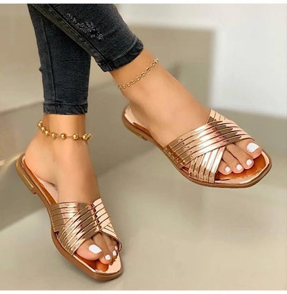 Women's Slip- Comfortable Flat - Open-Toe Mules with Arch & Cushioned Insole, Low-Heel PU Sole, Golden Buckle Strap - Casual to Formal Summer Shoes (EU 36-43, US Women's 5-10) - Ideal for Beach, Office, Semi-Formal Events - E