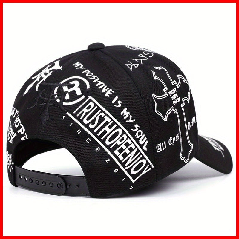 2pcs Baseball Cap & Mask Set - "Trust Hope Enjoy" Inspirational Print, Black with White Text, Adjustable Snapback, Breathable Mesh Back, Perfect for Sports & Casual Wear, Casual Headwear | Trendy Baseball Cap | Comfortable Fi