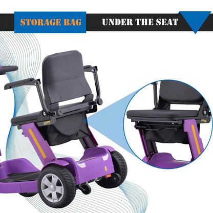 Foldable Mobility Scooter for Adults & Senior, 4 Wheels Powered Device for Travel, Lightweight and Portable, with LED Strip Light, Storage Bag, Charger Included, No Assemble Required