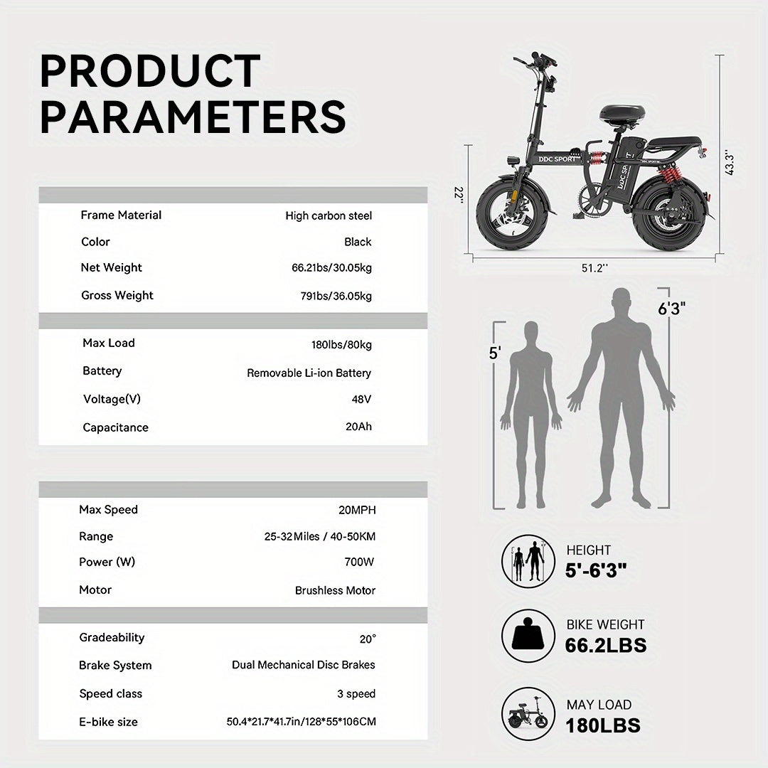 Discover Without Limits: 700W Collapsible Electric Bicycle for Grown-Ups. Reach Speeds of 20MPH And Travel Up to 35 Miles on a 48V Battery. Conquer 25° Inclines, Support Up to 385 Pounds, And Enjoy a Comfortable Ride with Ef